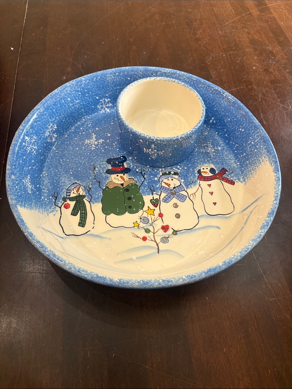 Sonoma Blue and White Snowman Chip and Dip Bowl